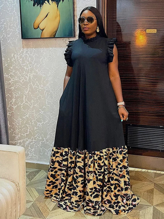 Long African Maxi Dress Women Leopard Print Patchwork Robes Africa Clothing Summer New Fashion Streetwear African Dress Vestidos