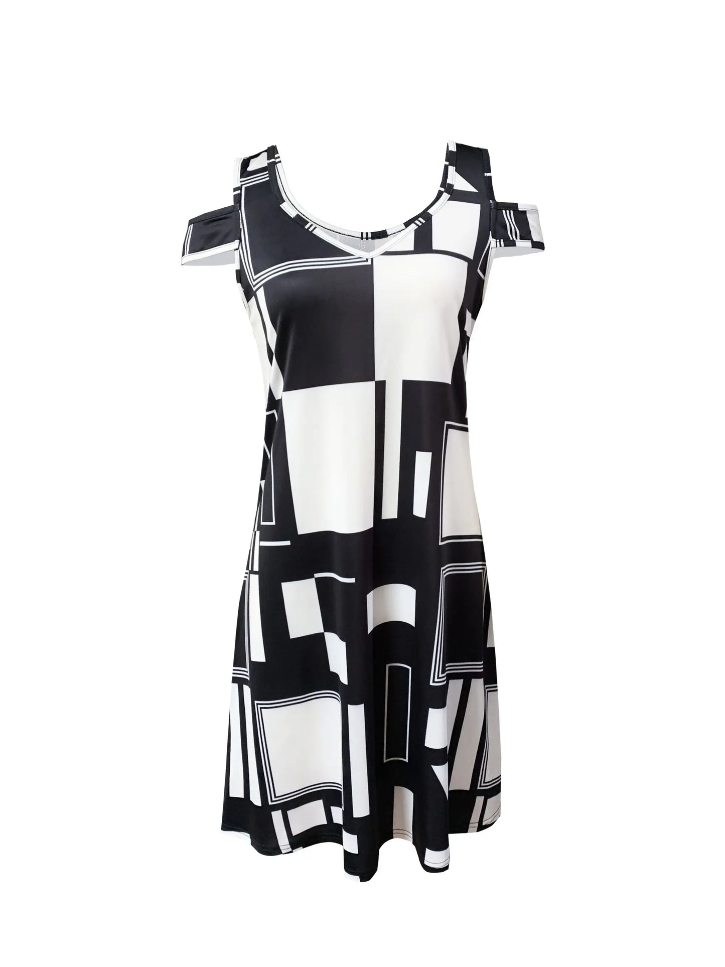 Summer Geometric Pattern Off-shoulder V-Neck Dress For Women,Casual Summer Sundress, Flowy Everyday Mini Dress