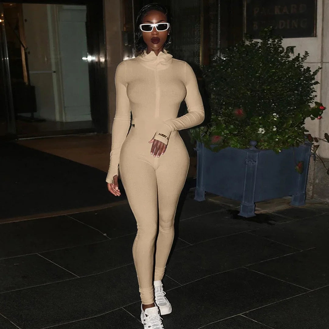 Zipper Jumpsuit Women Embroidery Letter Print Workout Sportswear Female Outfit Skinny Solid Turtleneck Streetwear