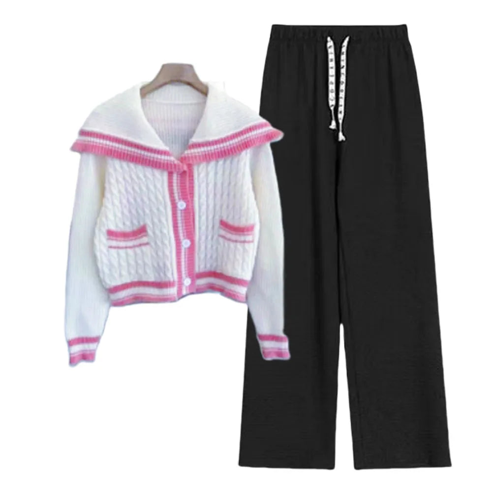Knitted Spring Preppy Style Sailor Neck Women's Knitted Cardigan Elastic Wide Leg Pants Long Sleeve Korean Sportswear Set