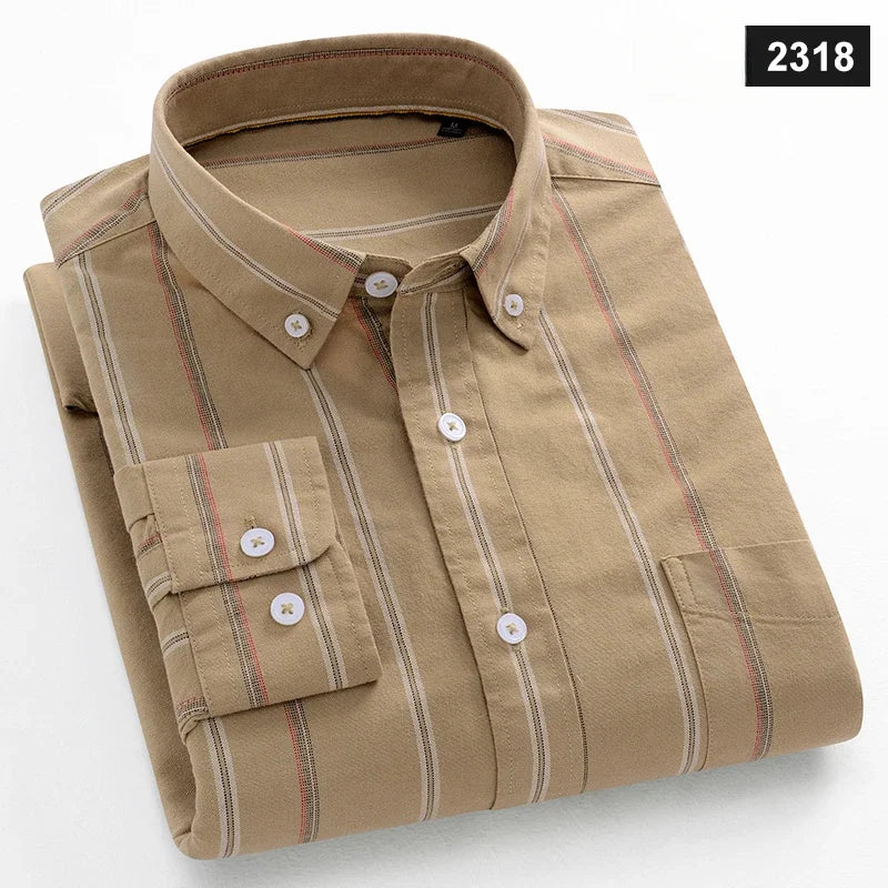 Fashion korean trends casual long-sleeve shirts for men slim fit plain shirt 100%cotton plaid striped tops soft designer clothes