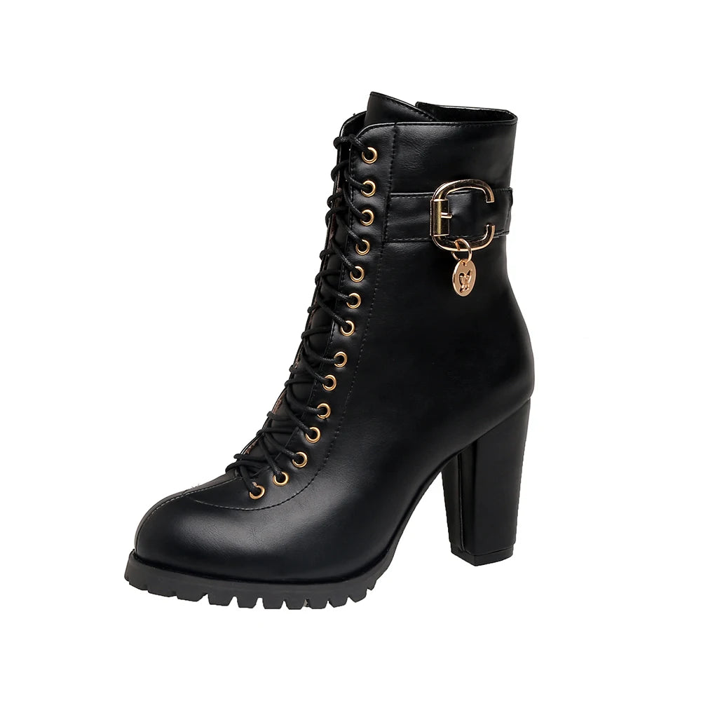 Women's Autumn Lace-Up Chunky Heel Ankle Boots with Belt Buckle Side Zipper High Heels Booties Lace Up Design Classic Lolita