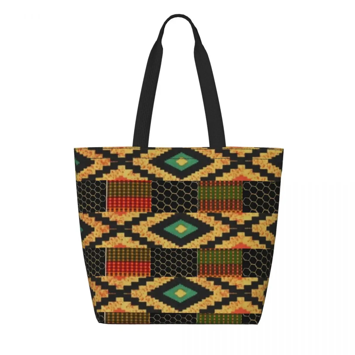 African Ankara Prints Grocery Shopping Tote Bags Women Geometric Ethnic Art Canvas Shoulder Shopper Bags Big Capacity Handbag
