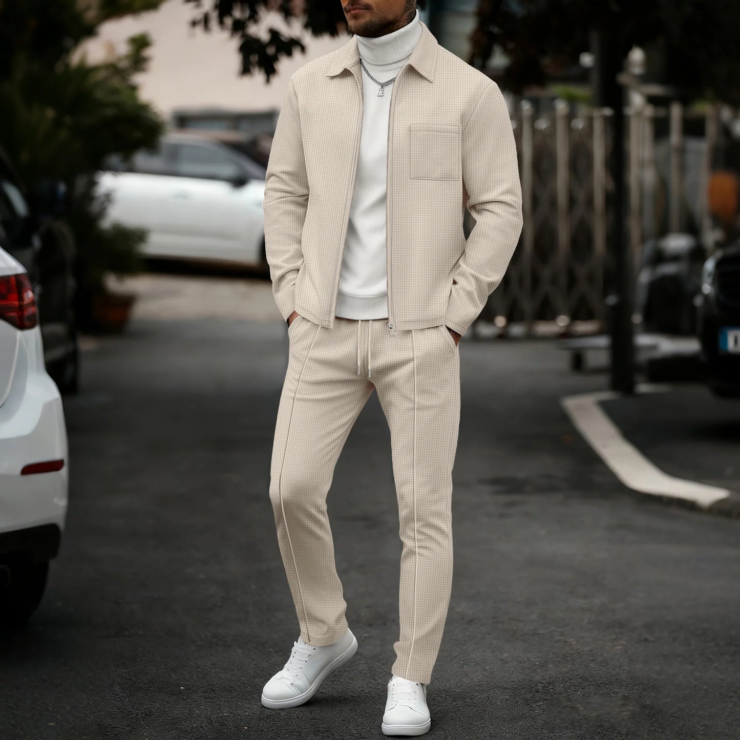 Mens Casual 2 Piece Set Waffle Texture Zip Up Jacket + Elastic Waist Trousers Comfortable Lightweight Suit for All