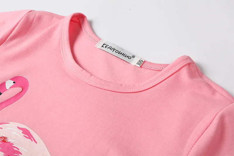 Children's Summer Casual Clothing Baby Girls Animals Printed Pink T-Shirts+Shorts Two-Piece For Kids Pajamas Set Home Wear Suits