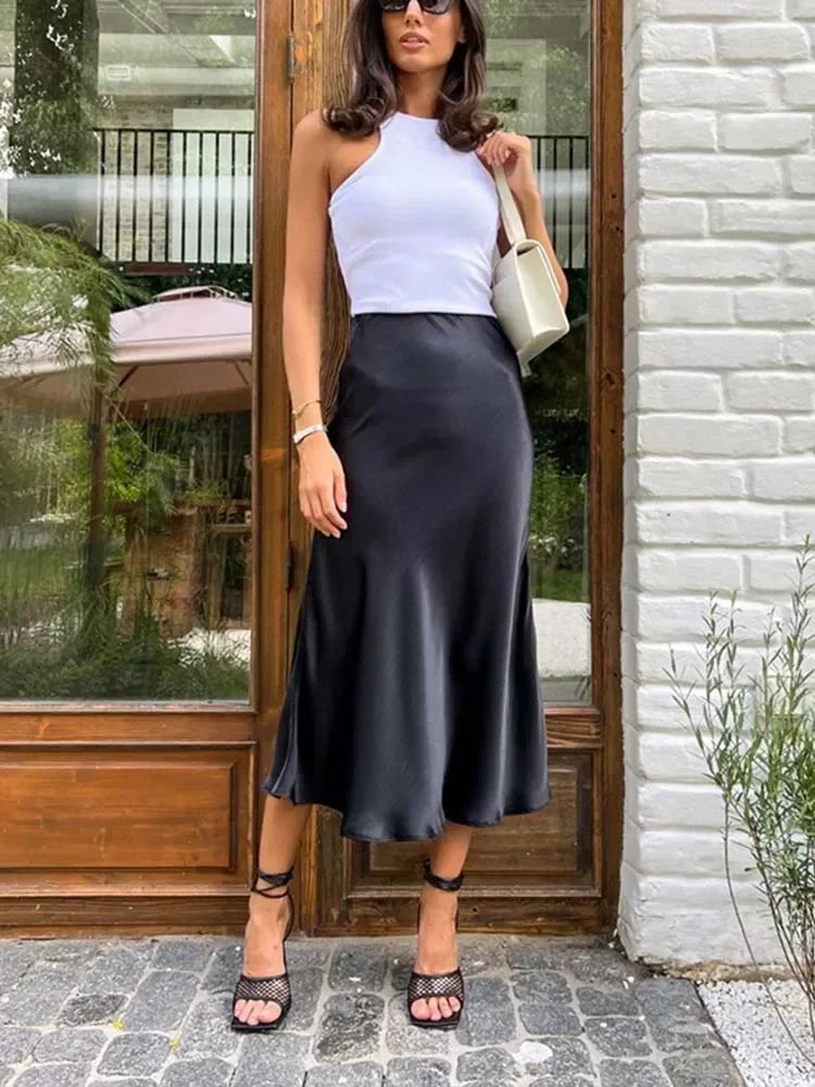 Elegant Women's Skirts High Waist Silk Satin A-line Skirt Lady Fashion Solid Color Purple Long Skirts for Women Fashion 2026