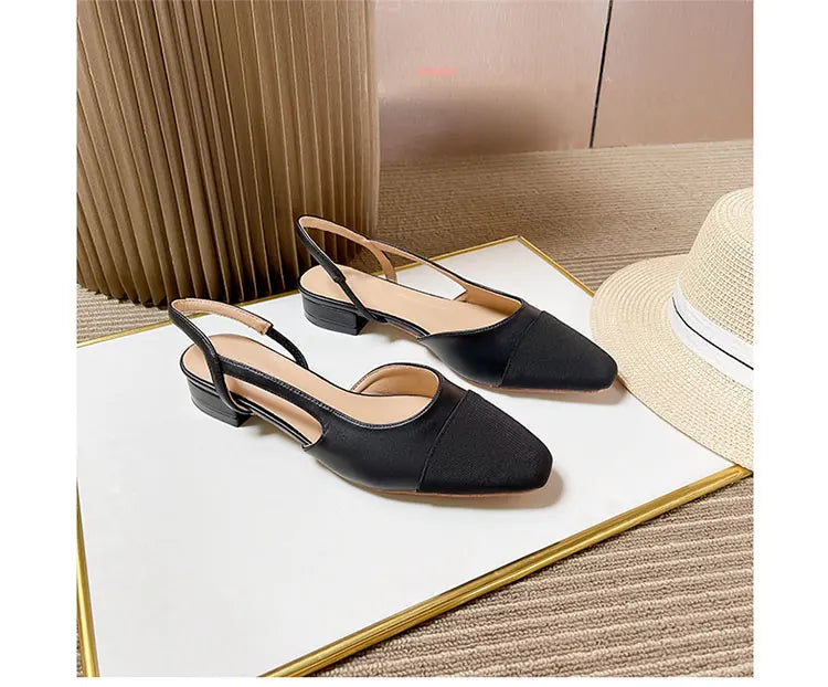 2023Spring Autumn Fashion High Heels Sandals Women's Dress Square Toe Slingback Shoes Women's Color Block Back With Flat Sandals