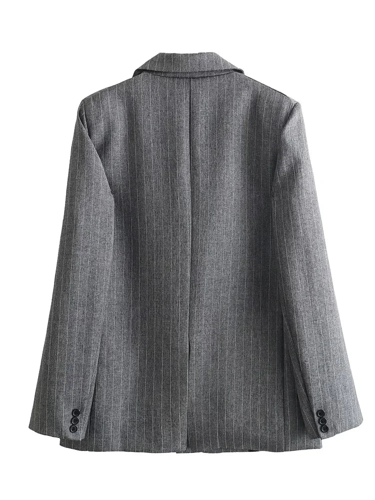 Willshela Women Striped Pockets Single Breasted Blazer Notched Neck Long Sleeves