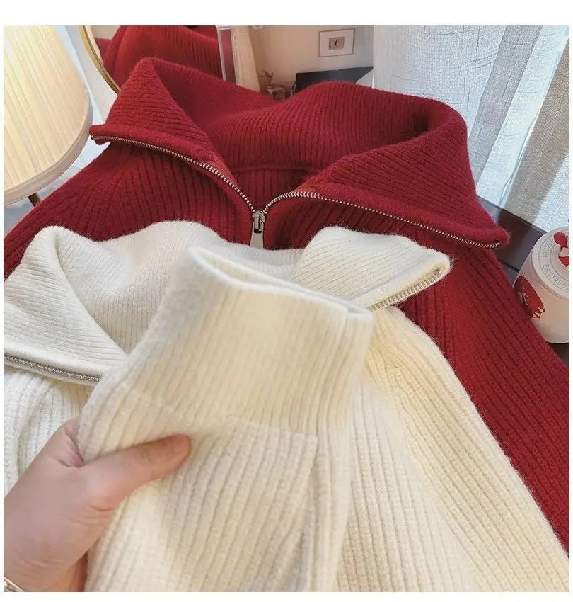 2024 Autumn New Korean Style Versatile Basics Half-zipper Loose Lapel Winter Long-sleeved Lazy Sweater Pullover Top