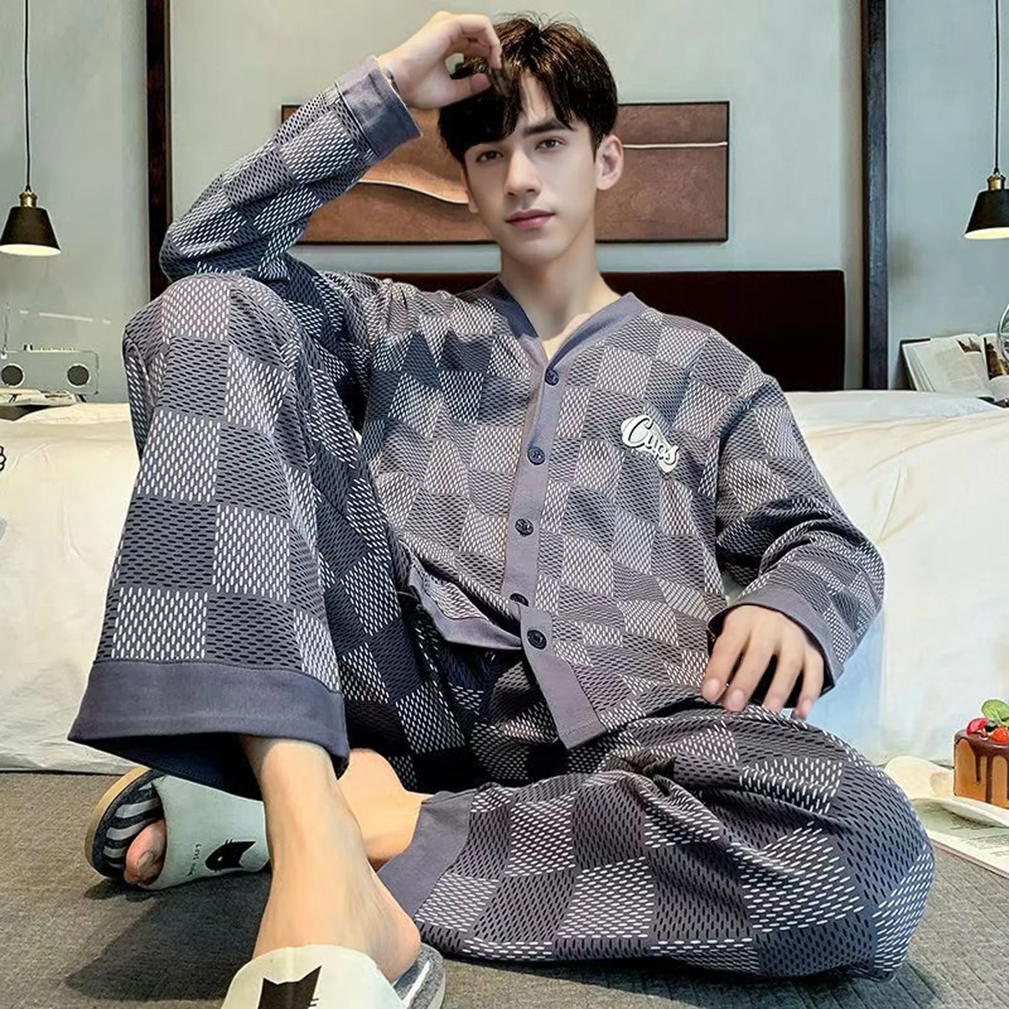 Pajamas for Men Spring and Autumn Long-Sleeved Young Men's Simple Casual Lapel Autumn and Winter Home Wear Set