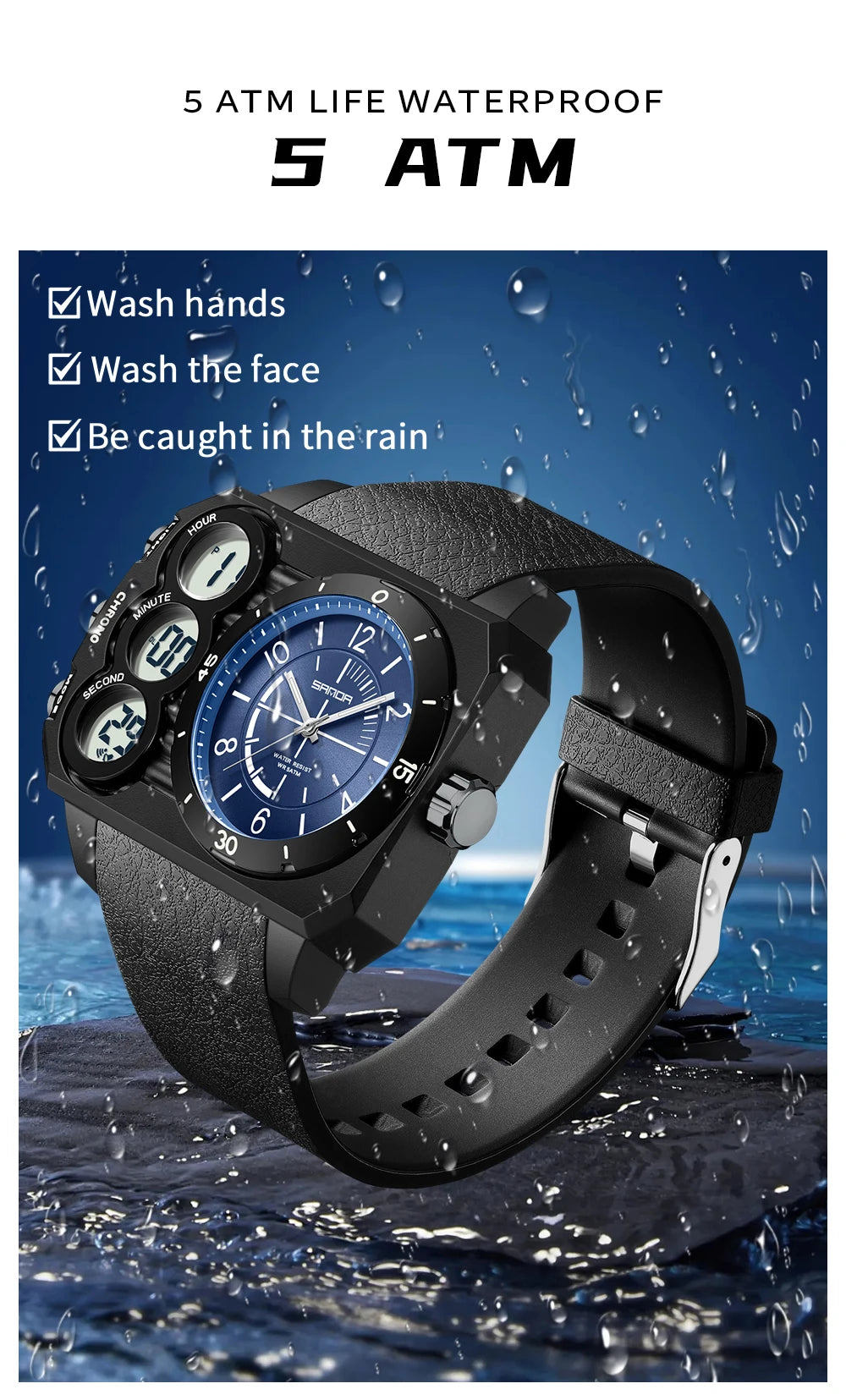 SANDA Men Watch Square Big Dial Waterproof Double Display Wristwatch Man Chronograph Digital Clock Men's Military Quartz Watches