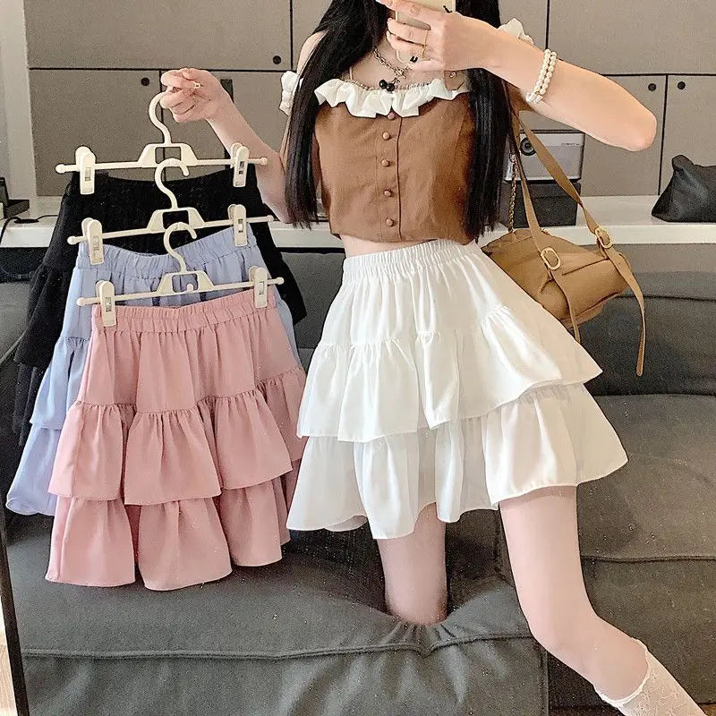 Ruffled Cake Skirts for Women High-waisted A-line Solid All-match Sweet Lovely Girls Korean Style Gentle Spring Kawaii Casual