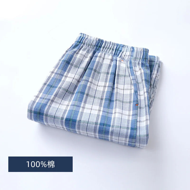 Spring Summer High Quality Pants Men 100% Cotton Sleep Bottoms Male Plus Size Night Trousers Men Casual Loose Plaid Home Pants