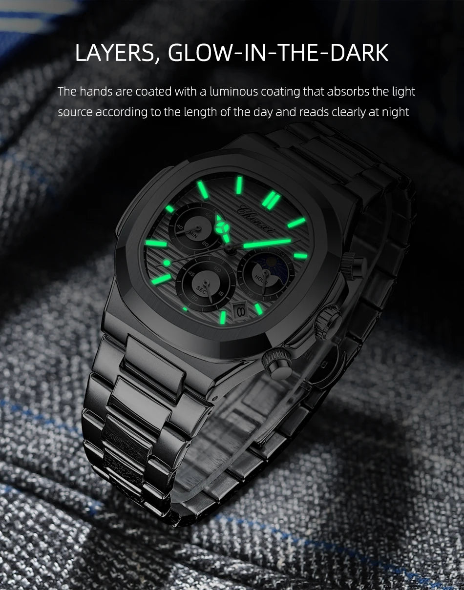 CHENXI Fashion Luxury Men's Watches Stainless Steel Quartz Movement Waterproof Calendar Moon Phase Chronograph Watch for Men