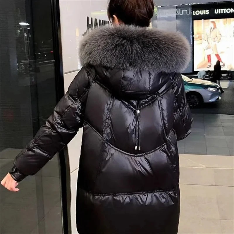 Black Down cotton Jacket Women's 2025 New Korean version Thick fur collar Loose Wash free Winter Coat Female Warm Parka Overcoat