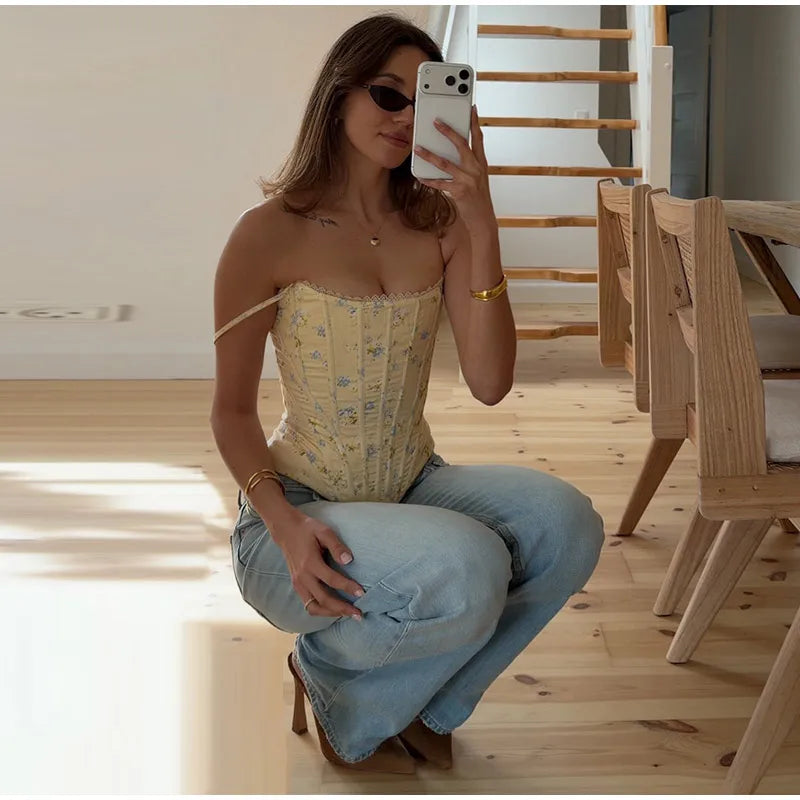 Floral Printed Fish-bone Tank Tops Women's Slim Sleeveless Back Lace-up Waist-cinching Blouses 2026 New Ladies Summer Outfit