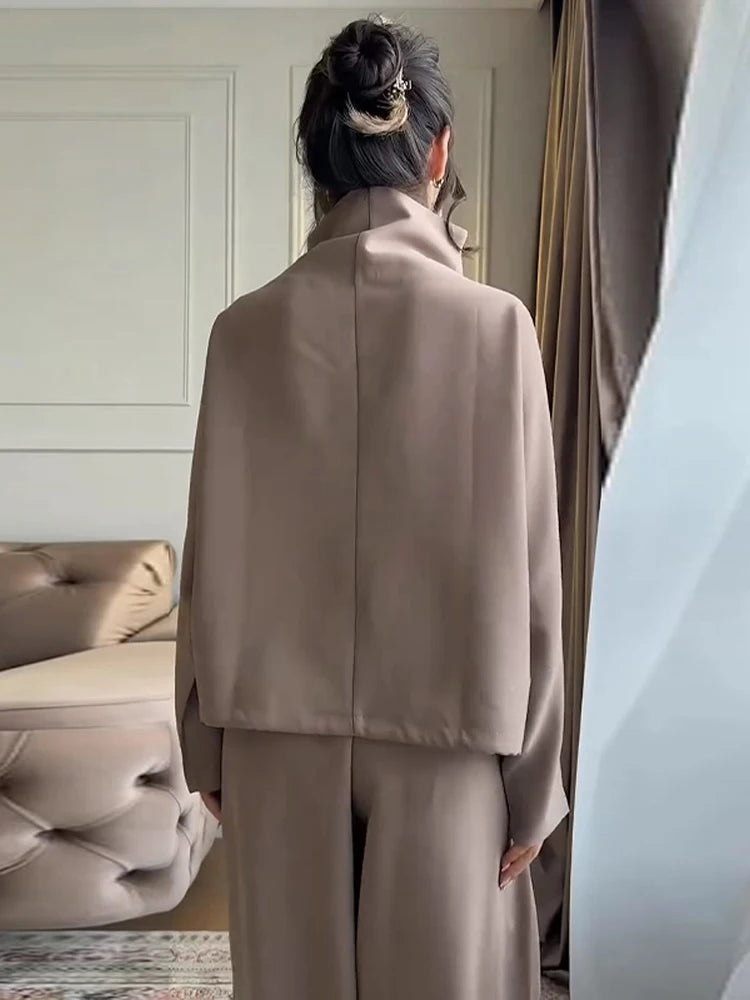 Casual Zipper Shirt Pants Suit Women Solid Button Stand Collar Drawstring Shirts Loose High Waist Trousers 2026 Spring Set Lady