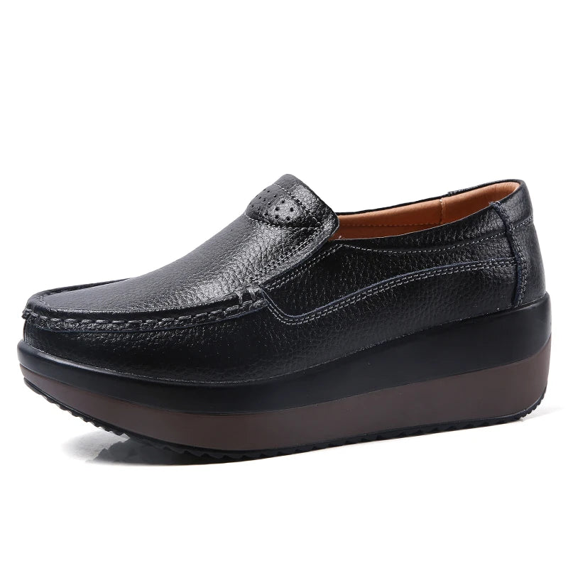 Women's Spring Autumn Genuine Leather Loafers - Fall Slip-On Round Toe Navy Platform Casual Flat Shoes