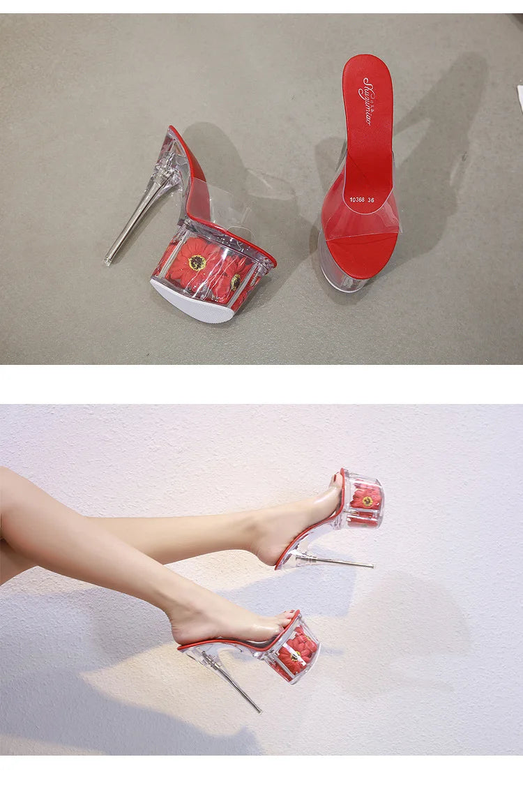 Crystal Transparent Shoes Women 17.5CM Super High Heels Plus Size Nightclub Sandals Clear Thin Heeled Fashion Female Slippers