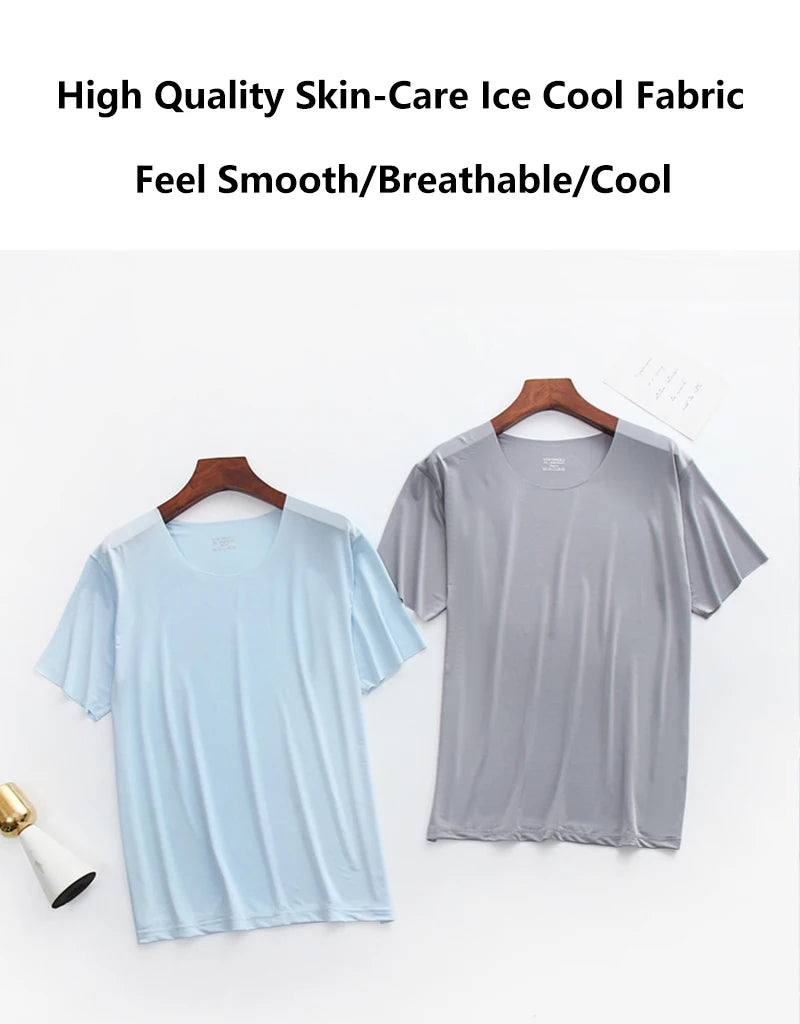 2Pcs/set Mens Ice Silk Short Sleeves T-Shirt & Long Pants Cool Thin Sleepwear Male Summer Pyjamas Home Clothing Nightwear Suit