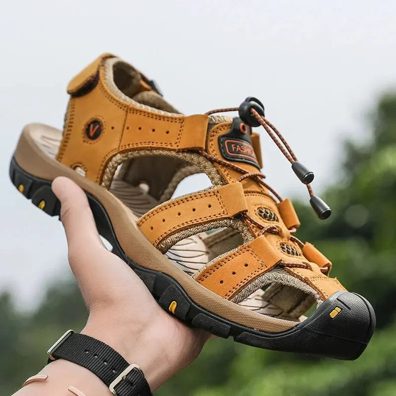Men Sandals Summer Genuine Leather Mens Casual Shoes Outdoor Leather Sandals for Men Beach Shoes Roman Shoes Rubber Water Shoes