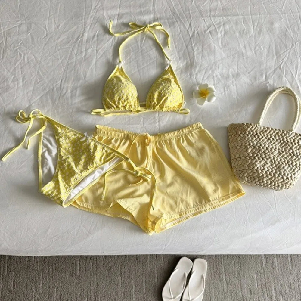 Lace-up Women's Swimwear Set Beachwear Sun Protection 4Pieces Bikini Swimsuit Loose Mesh Transparent Bathing Suit Resort Wear