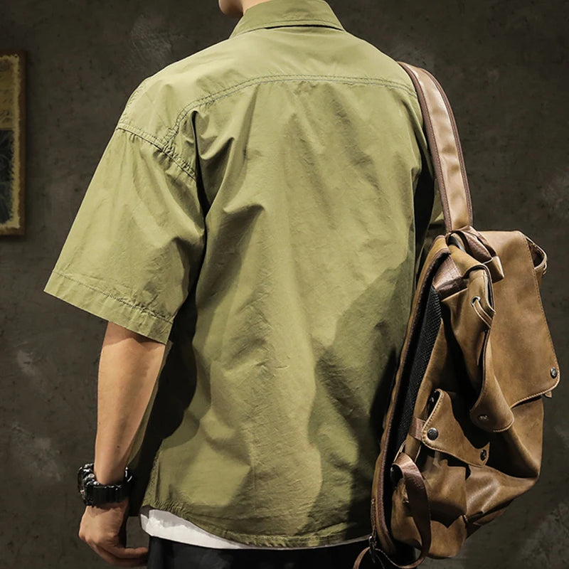 American Casual Short Sleeve Shirt For Men Summer Fashion Comfortable T-shirt 2026 New High Street Plain Lapel blouses hombre