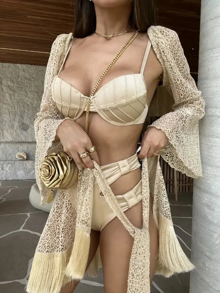 Sexy 3Pieces Push Up Bikini Set Women Swimsuit High Waist Perspective Tassel Skirt Beach Outing Bathing 2024 Feminine Swimwear