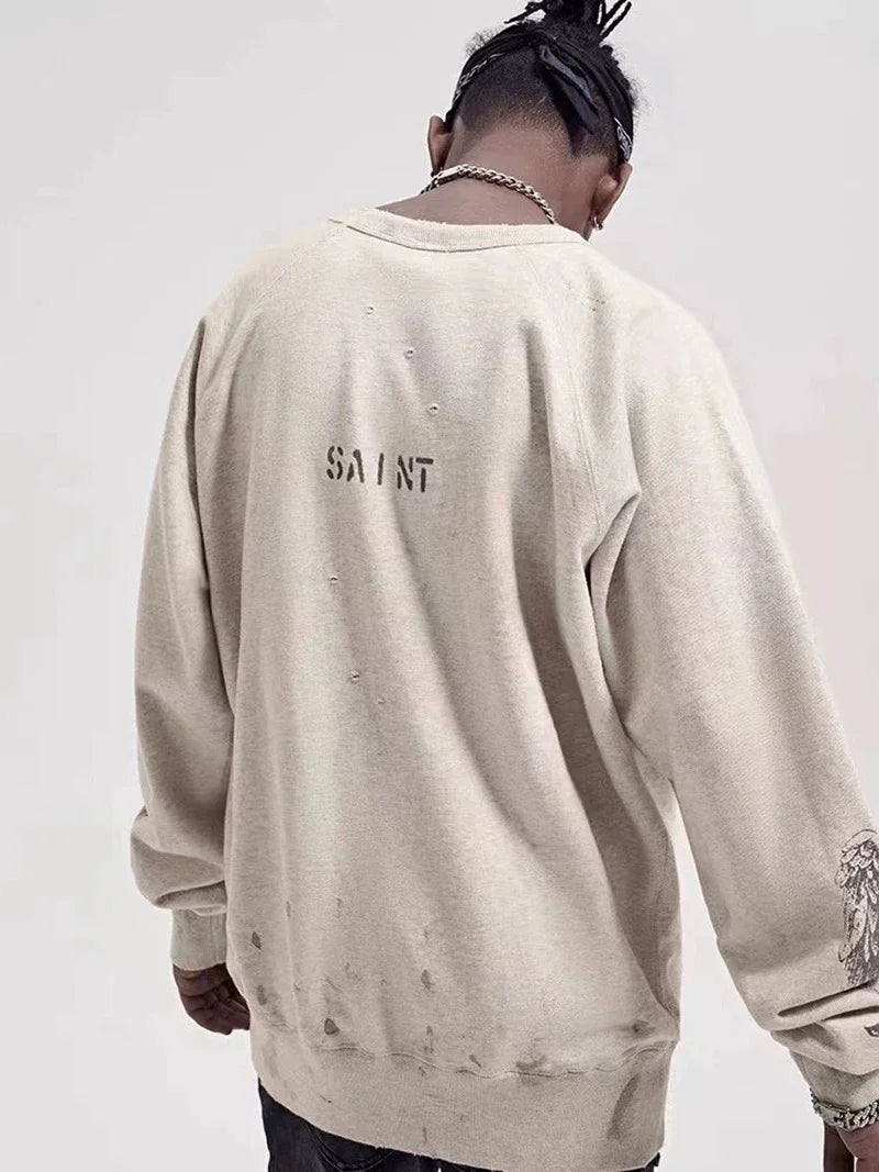 Real Photo Portrait Graffiti Print Saint Hoodie Wash Do Old Destroy Loose Pullover Casual Women Men Sweatshirt