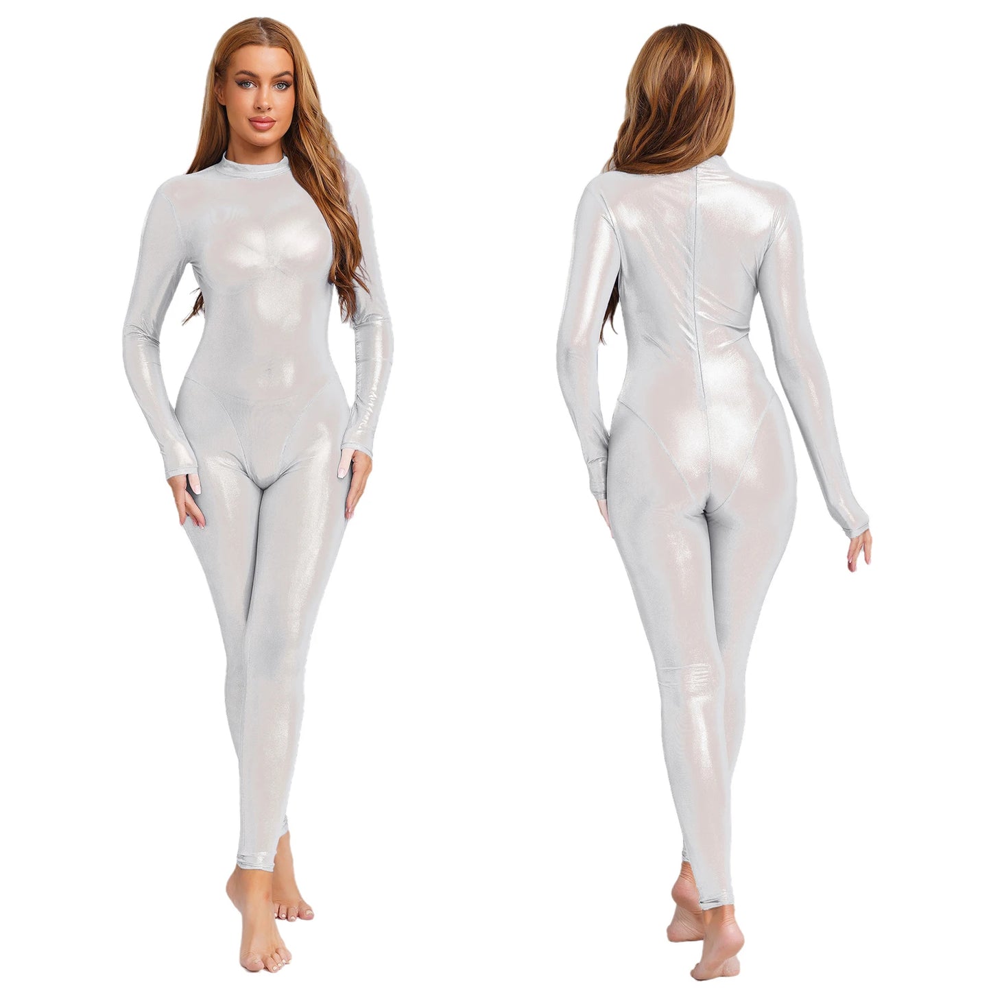 Women Metallic Shiny Full Body Unitards Sheer Rave Party Nightclub Jumpsuit Long Sleeve Long Pants Back Zipper Catsuit Clubwear