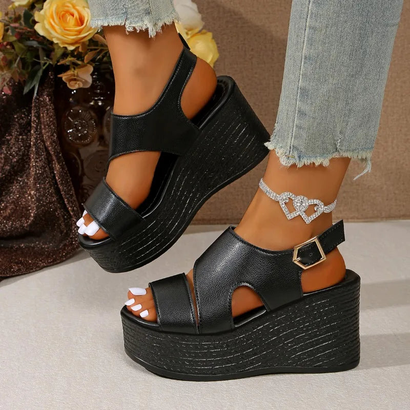 Open-toe slope sandals leather strap Roman shoes 2025 summer fashion lightweight thick sole non-slip high heels women's shoes