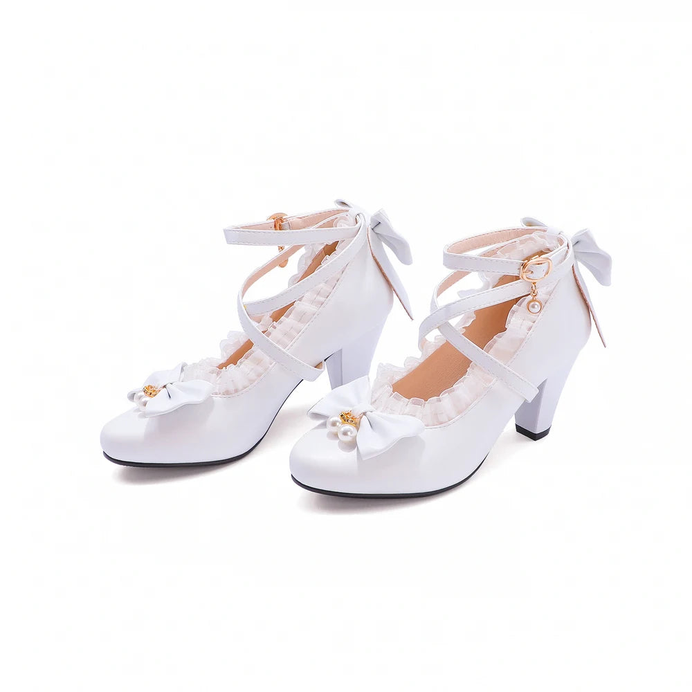 Cross Strap Women Spike High Heels Mary Jane Shoes Party Wedding Cosplay White Pink Lace Ruffles Bow Princess Lolita Pumps 34-43