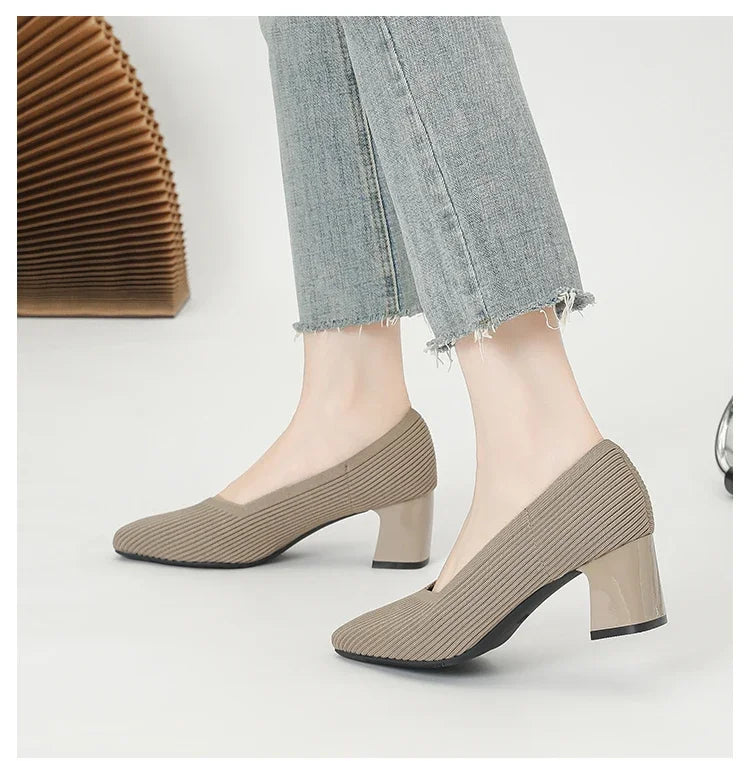 Shoes Woman High Heels Comfortable Square Knitted Breathable Comfortable Women's Flats Shoes (5cm High) 2025 New Collection