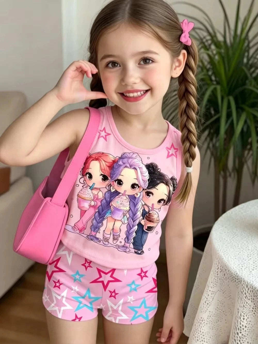 Kids Clothes Girls 2-Piece K-Pop Star Print Tank Top T-Shirt & Shorts Set Casual Streetwear Summer Daily Outfit Girls Clothes