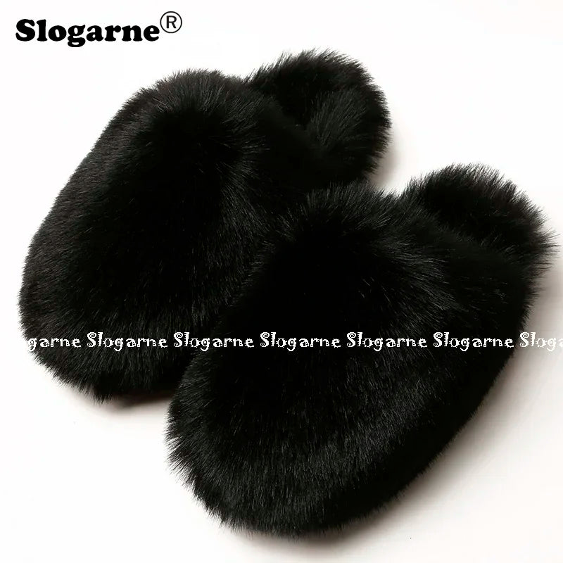 Ladies Winter High Quality Fox Fur Slippers Women Warm Fur Slides Girls Luxury Furry Slippers Soft Comfortable Home Cotton Shoes