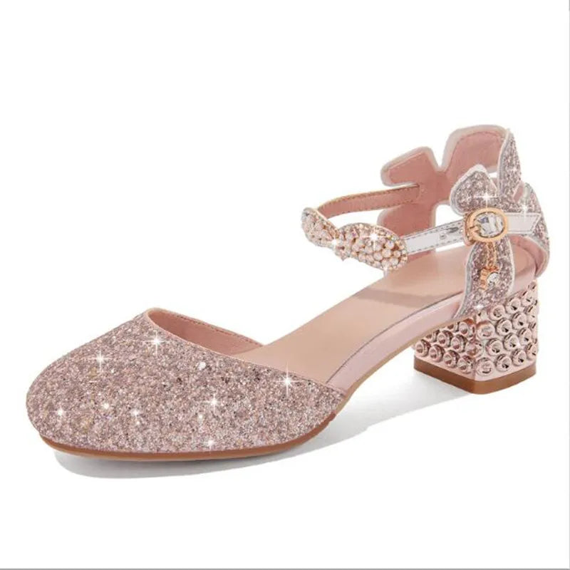 Princess Kids Leather Shoes Girls Sandal Sweet Pearl Casual Glitter Children High Heels Girls Party Dance Shoes Pink Gold Silver