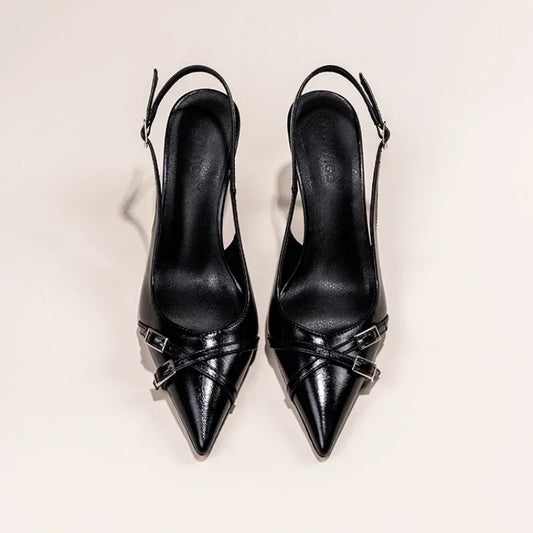 Summer Elegant Buckle Decorated Black Stiletto Women's Sandals Fashion Pointed Toe Shallow Mouth New Sexy High Heels