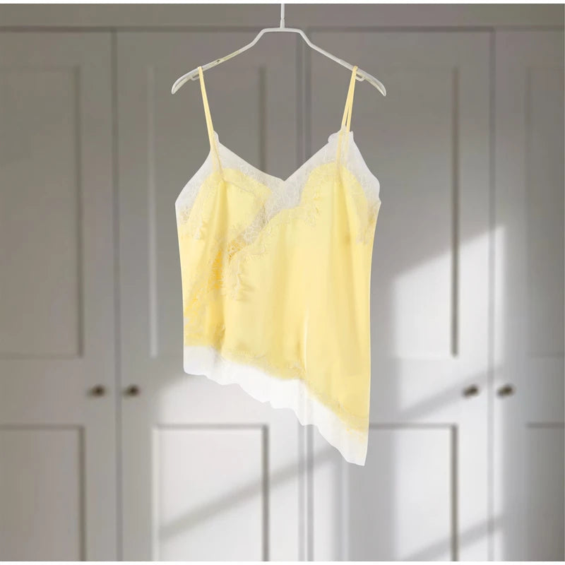 Lace Spliced Square Neck Spaghetti Strap Blouse Loose Fit Cropped 2026 Summer Women Chiffon Top Causal Delicate Lady Blusa