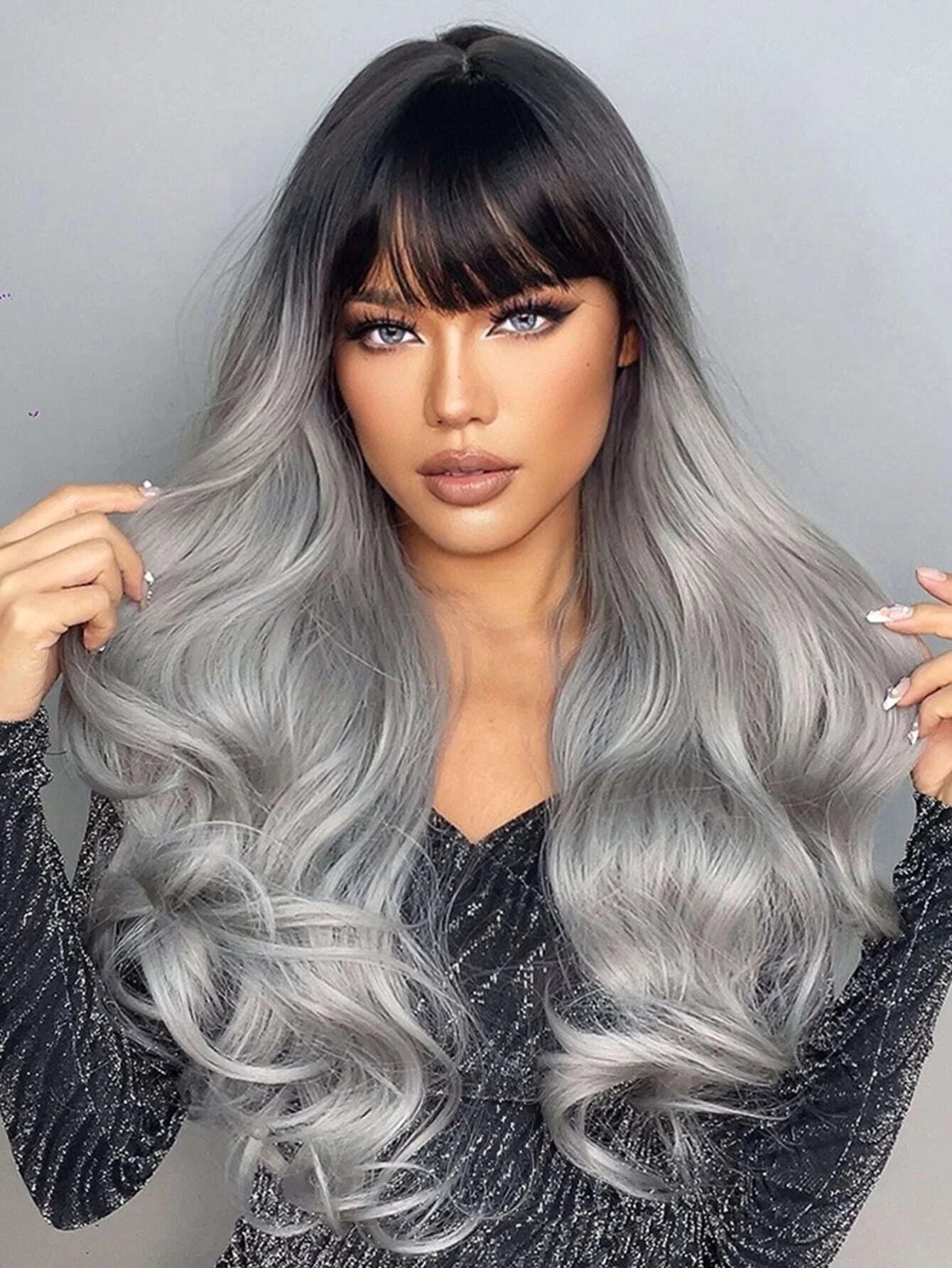 Long Wavy Silver Ash Ombre Cosplay Synthetic Wigs Natural Curly Gray Black Hair Wig with Bangs for Women Afro Heat Resistant