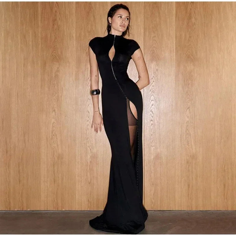 Y2k Black Hollow Out Slit Dress Women Solid Short Sleeve High Neck Slim Fit Maxi Dresses Lady Fashion Evening Party Club Robe