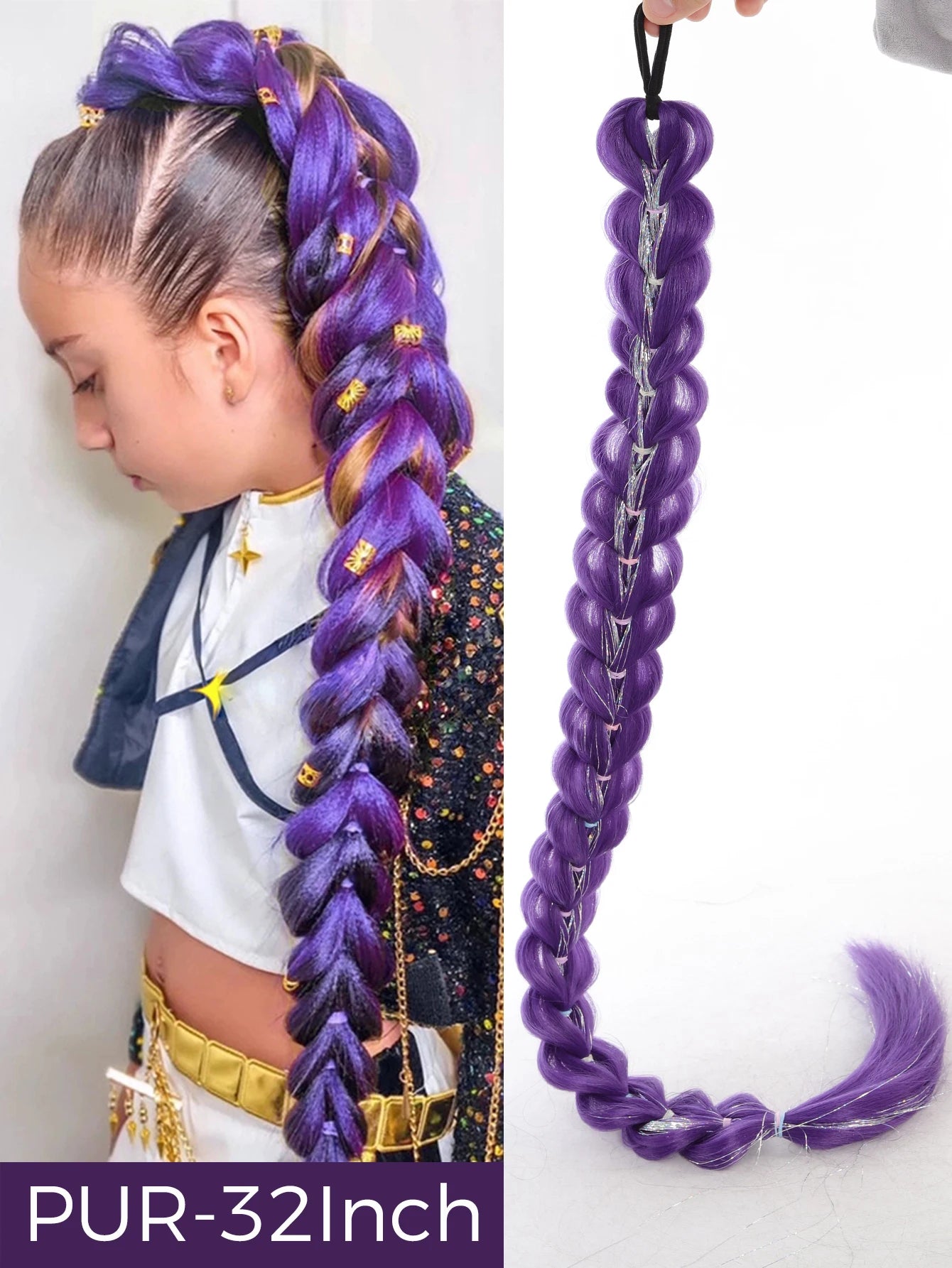 Synthetic 26inch Long Ponytail with Clips Braided Purple Hair Ponytail Rumi Costume Hairstyle for Kids Girls Halloween Christmas