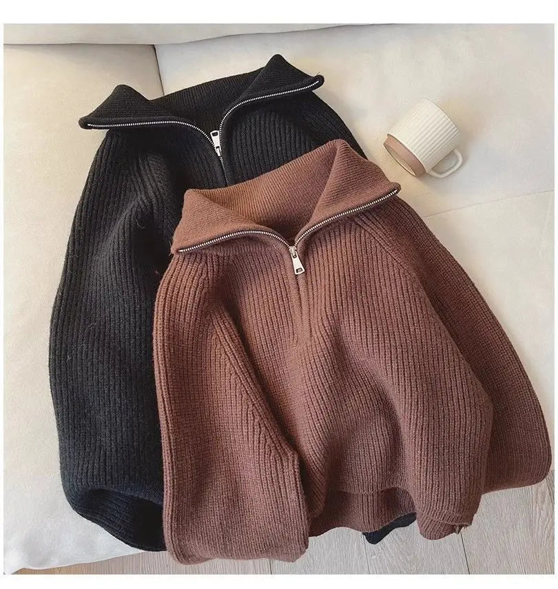 2024 Autumn New Korean Style Versatile Basics Half-zipper Loose Lapel Winter Long-sleeved Lazy Sweater Pullover Top