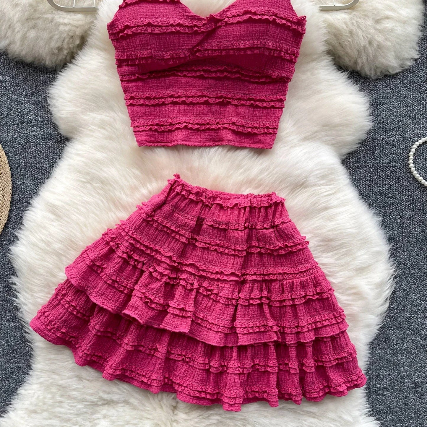 Sexy Two Pieces Sets Forwomen Chic Sexy Short Straps Tank Top with High Waist Mini Skirt Suit Summer Sweet Pleated Skirt