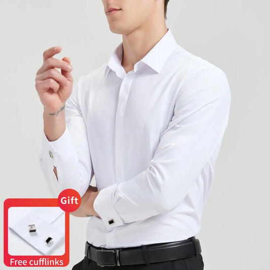 Men's Classic Hidden Buttons French Cuffs Solid Dress Shirt Formal Business Regular-fit Long Sleeve Shirts (Cufflink Included)
