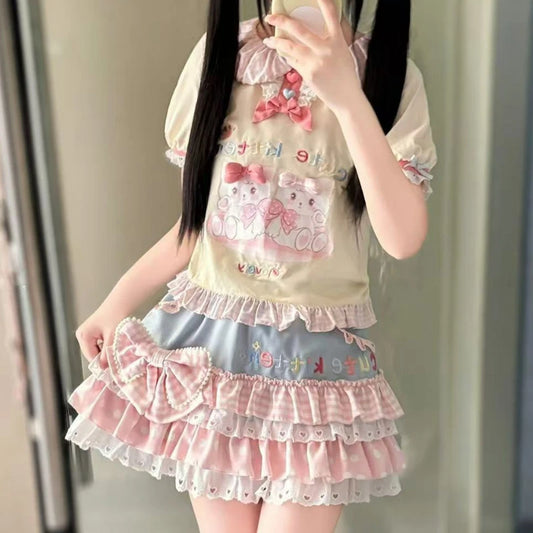 Japan Kawaii Lolita Style Skirt Set Women Sweet Bow Cat Print Short Sleeve T-shirt Cute Cake Mini Skirts Harajuku Y2k Skirt Suit