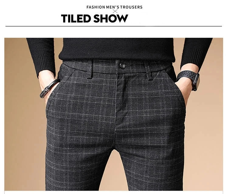 Fashion Black Grey Casual Trouses Mens Straight Fit Long Pants Striped Plaid Four Seasons High Quality Brand Business Trousers