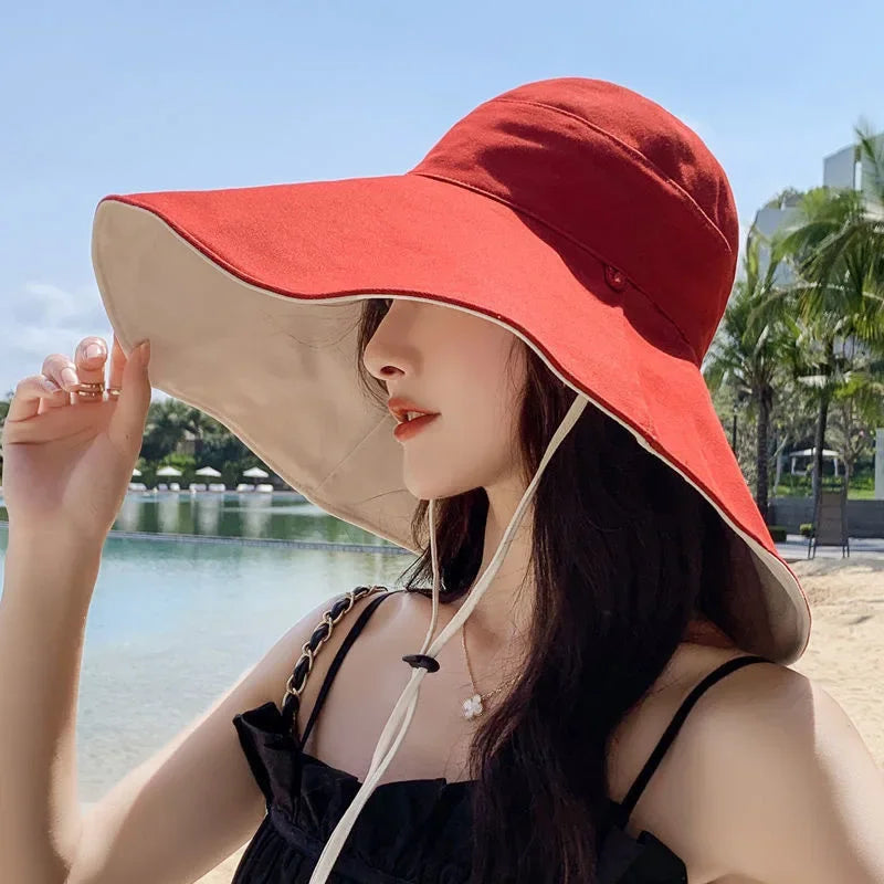 Wide Brim UPF 50+ Sun Hat Women Anti-UV Protection Hiking Fisherman Cap Fold Summer Solid Beach Hat 2024 Double sided Sun hat BAZAARHUBO