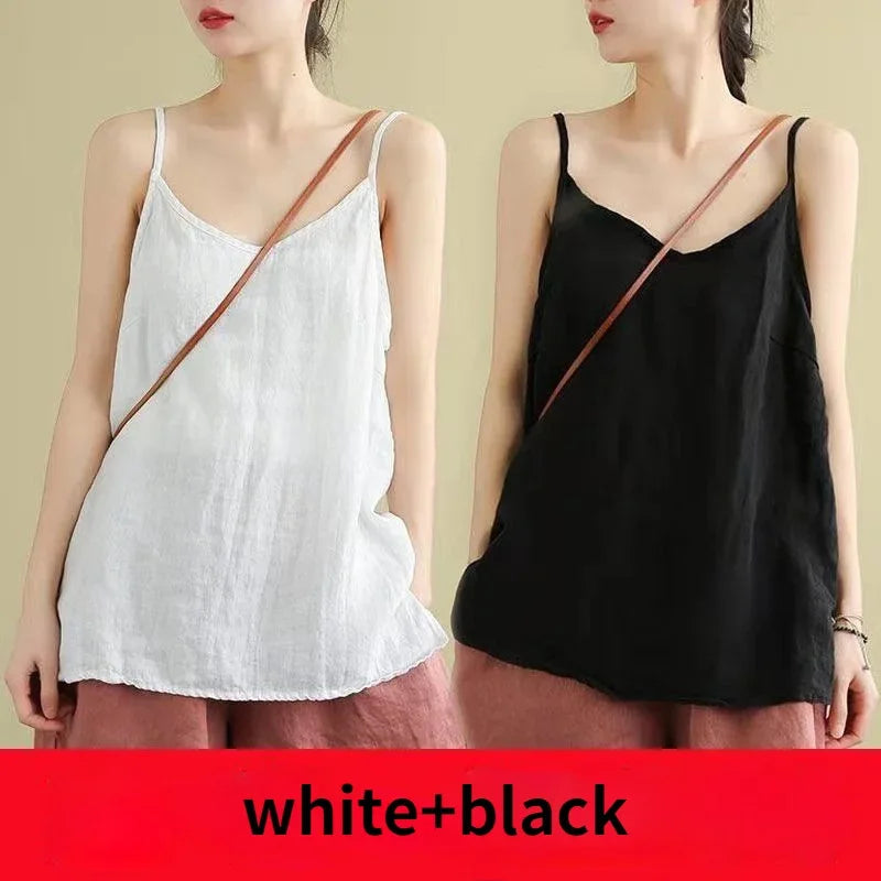Women's Summer Top Cotton Linen Spaghetti Strap Top Women Halter V Neck Basic Yellow Sleeveless Tank Tops Loose Casual Camis