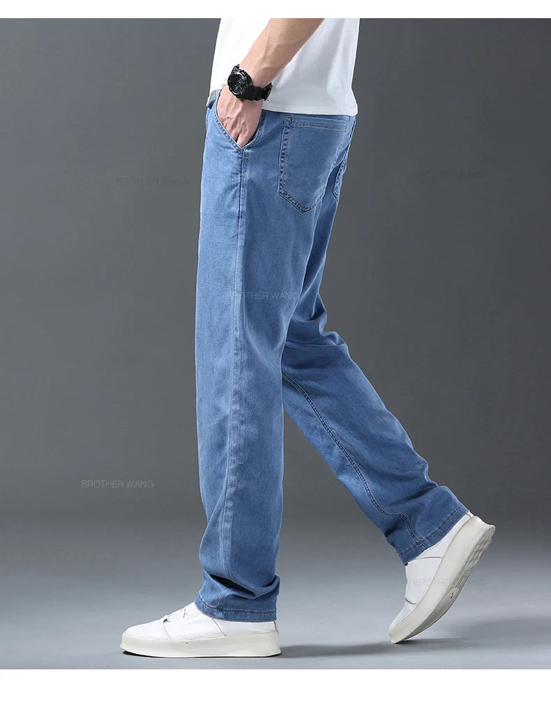 Lyocell Ice Silk Jeans Men's Summer Ultra-thin Loose Straight Denim Pants Soft Comfortable Brand Male Light Blue Trousers