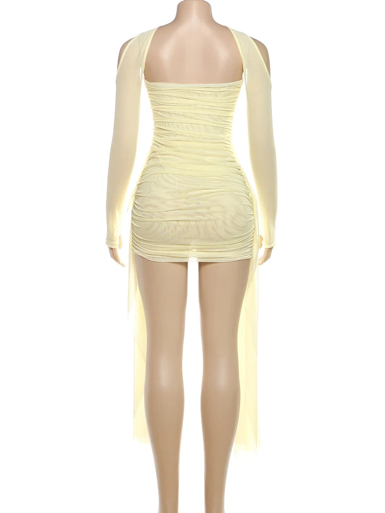 Sisterlinda Mesh Simple Mini Dress Fashion Solid Strapless Ribbons Tassel Body-shaping Vestidos+Seperately Full Sleeve Gloves